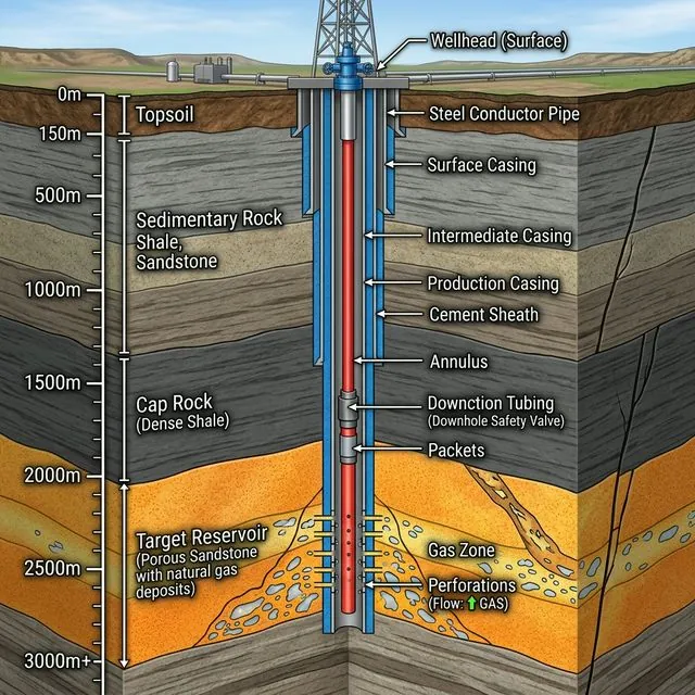 Scientific 3D Cross-Section of Underground Gas Well